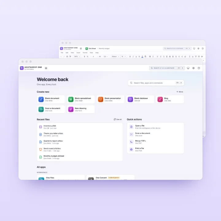 Ashtadeep One's home page, with recent files and every app, in front of a monthly budget in One Sheet